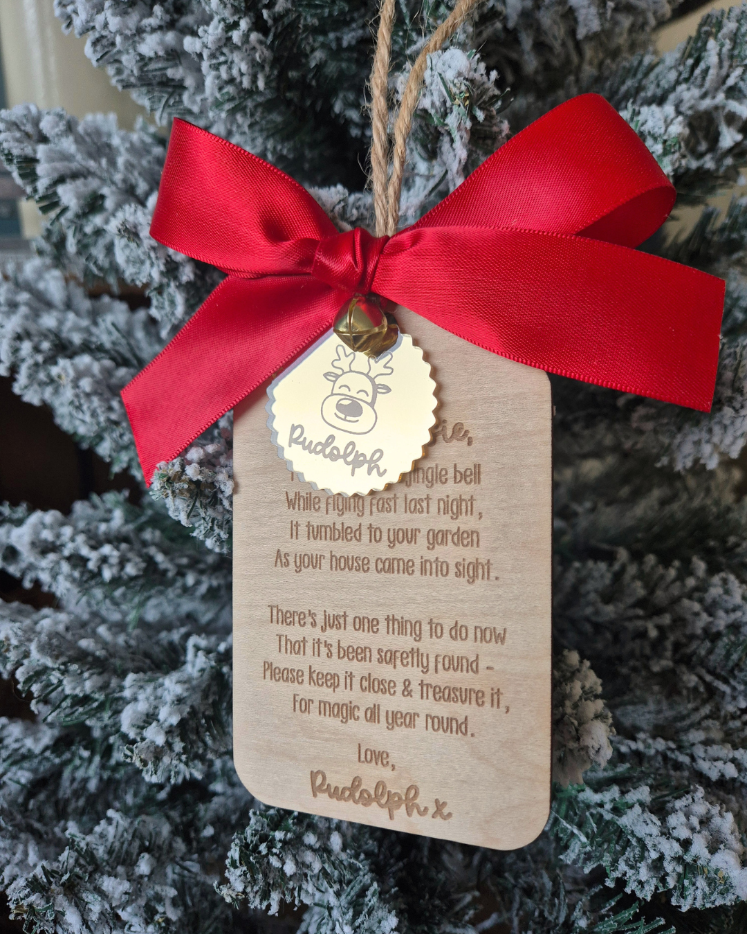 Rudolph's Lost Jingle Bell Ornament - Personalised Wooden Hanging Decoration