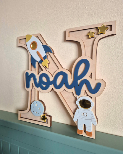 Rocket and Astronaut Monogram - Personalised Wooden and Acrylic Name Sign