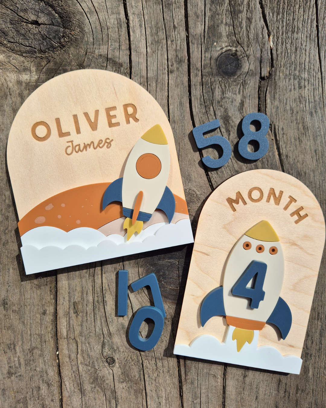 Space Rocket Birth Announcement - Wooden and Acrylic Personalised Name Sign