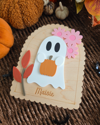 Floral Ghost Wooden Shelf Sitter - Personalised Acrylic Boo Basket Plaque