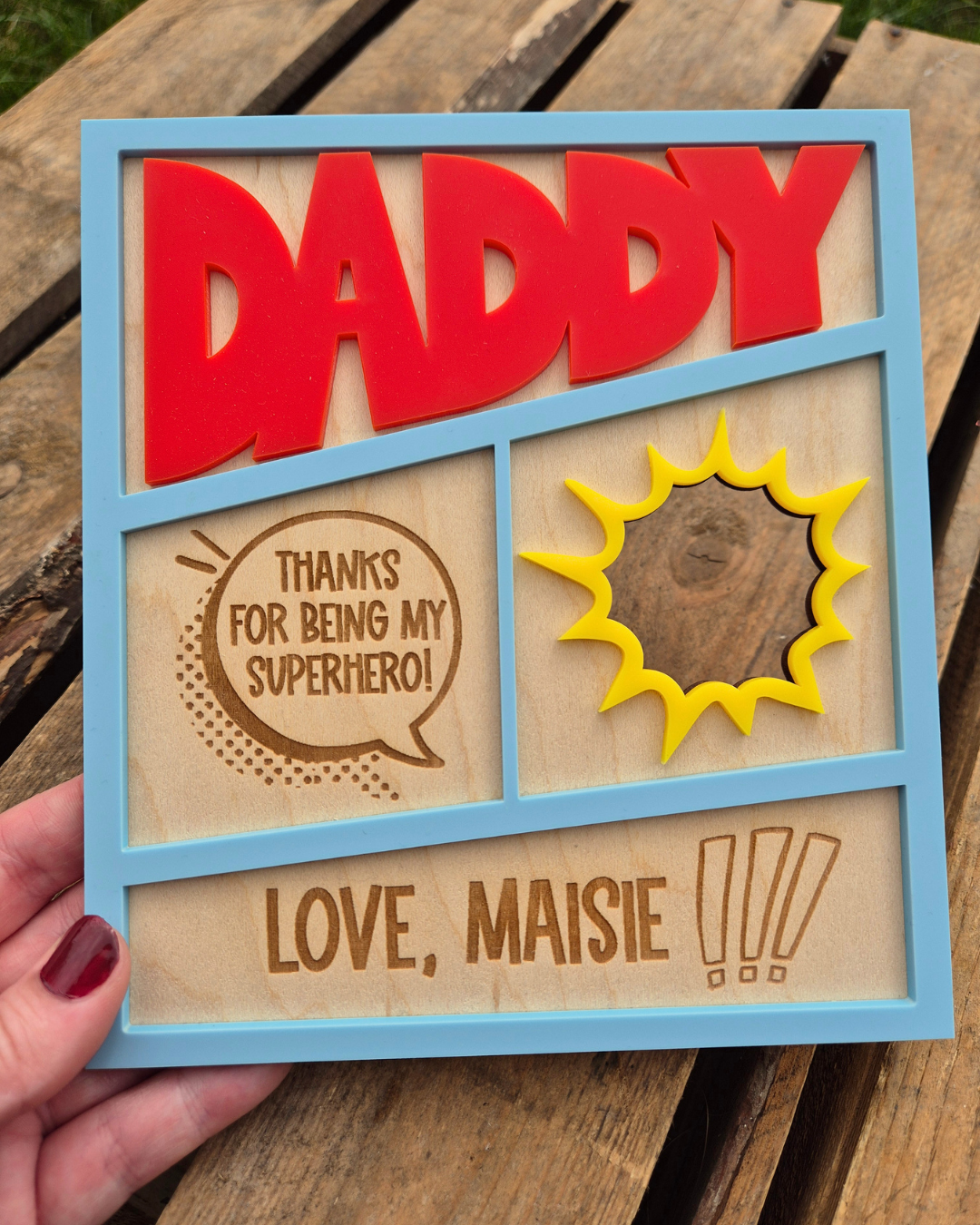 Superhero Comic Theme Photo Frame Card - Wooden and Acrylic Personalised Father's Day Gift
