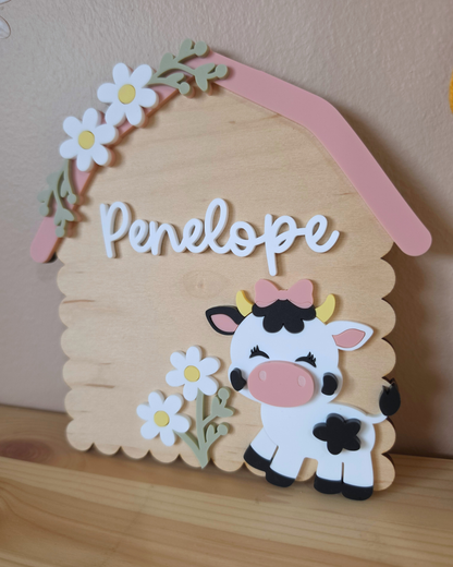 Personalised Cow Barn Name Sign - Farm-themed Nursery and Playroom Shelf Sitter and Door Sign
