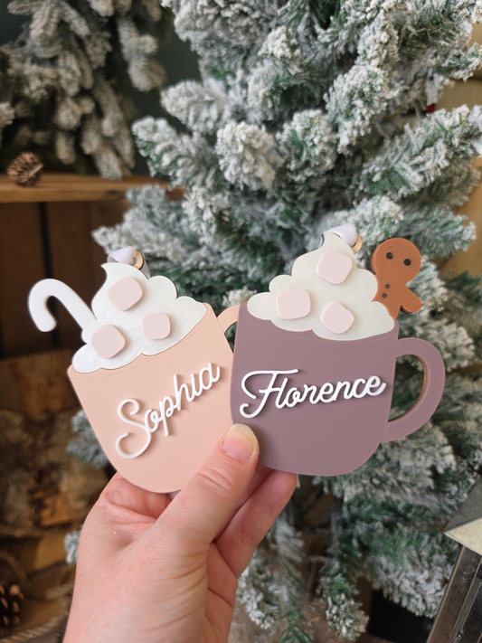 Personalised Hot Chocolate Mug Tree Decoration - Wooden and Acrylic Layered Name Tag