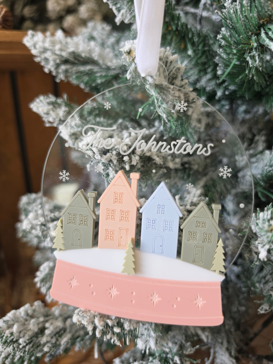 Personalised Snowglobe Christmas Village Tree Ornament - Engraved Acrylic Decoration