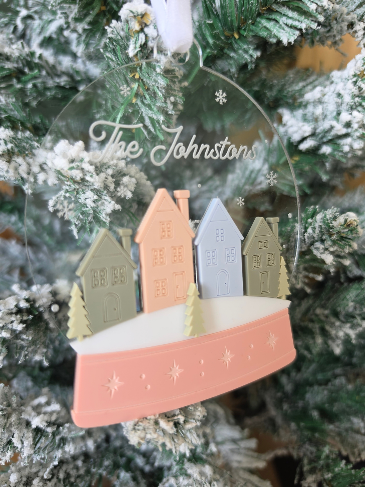 Personalised Snowglobe Christmas Village Tree Ornament - Engraved Acrylic Decoration