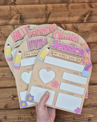 Personalised Pastel Rainbow Back to School Board - Reusable Wooden and Acrylic Sign