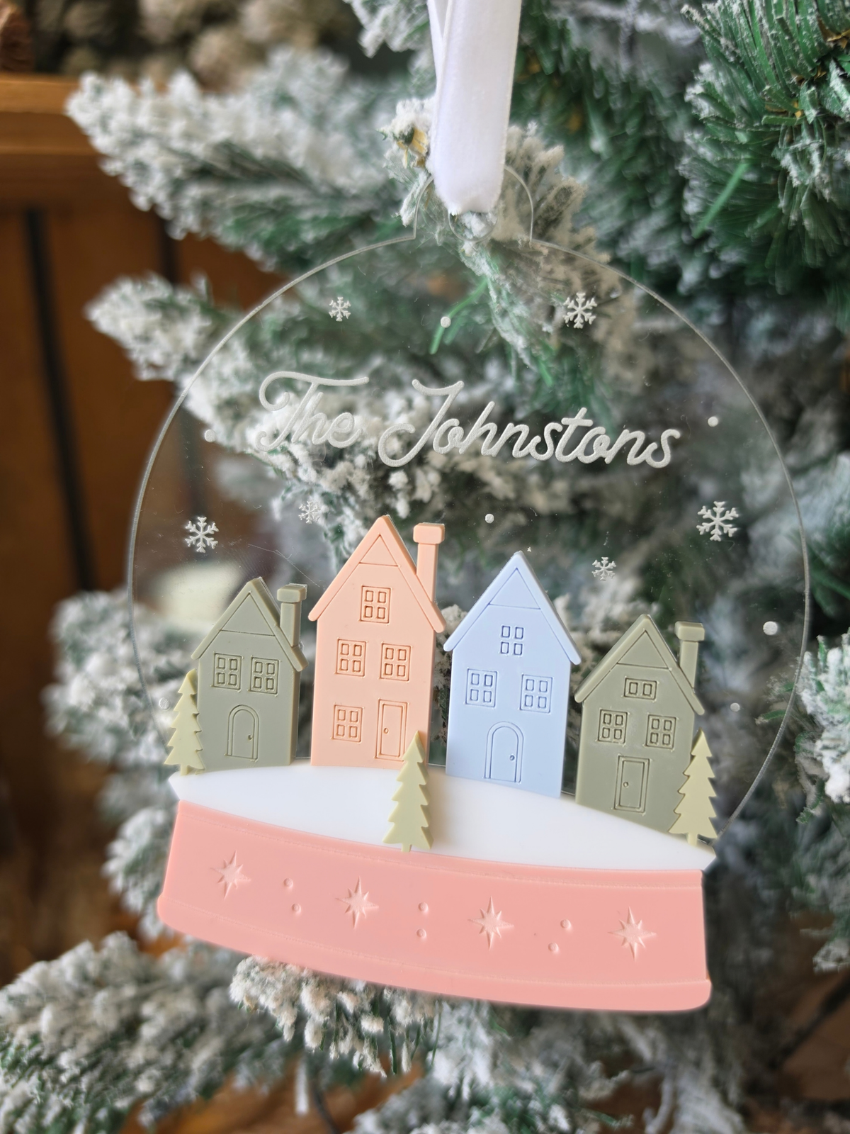 Personalised Snowglobe Christmas Village Tree Ornament - Engraved Acrylic Decoration