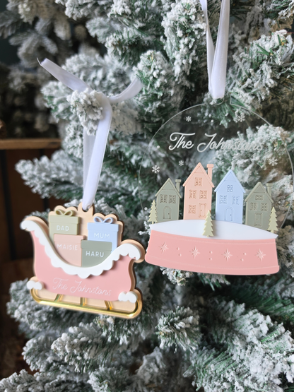 Personalised Snowglobe Christmas Village Tree Ornament - Engraved Acrylic Decoration