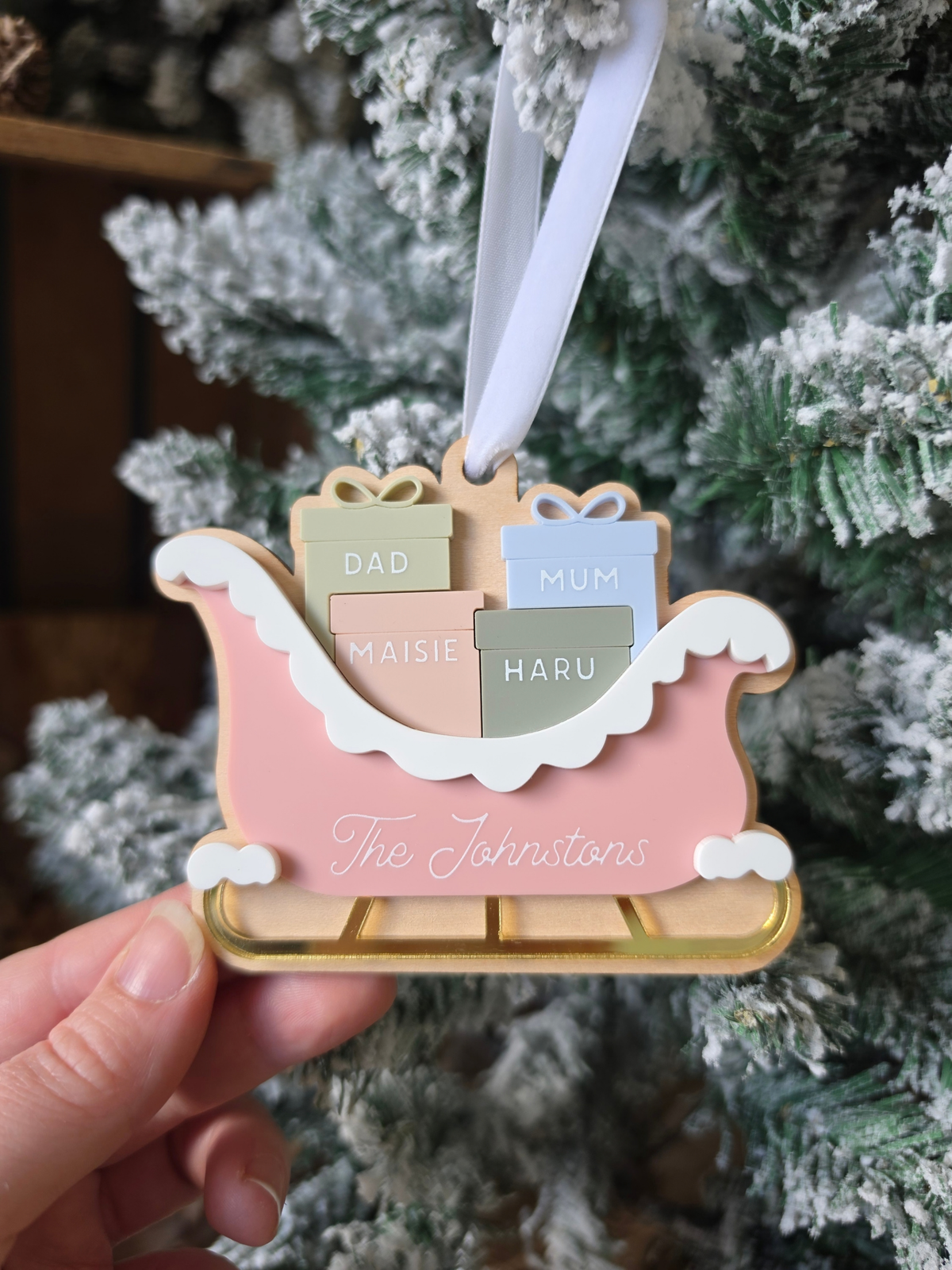 * LIMITED EDITION * Personalised Family Sleigh and Presents Ornament - Wooden and Acrylic Tree Decoration