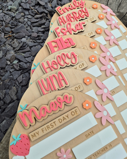 Personalised Strawberry Flowers Back to School Board - Reusable Wooden and Acrylic Sign