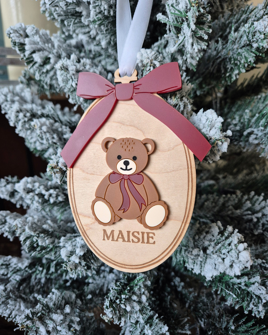 Personalised Vintage Christmas Teddy Bear Hanging Ornament - Acrylic and Maple Decoration