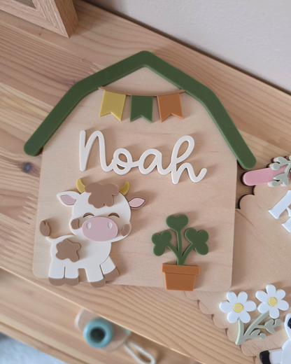Personalised Cow Barn Name Sign - Farm-themed Nursery and Playroom Shelf Sitter and Door Sign