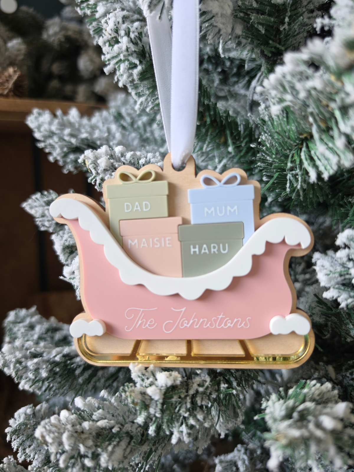 * LIMITED EDITION * Personalised Family Sleigh and Presents Ornament - Wooden and Acrylic Tree Decoration