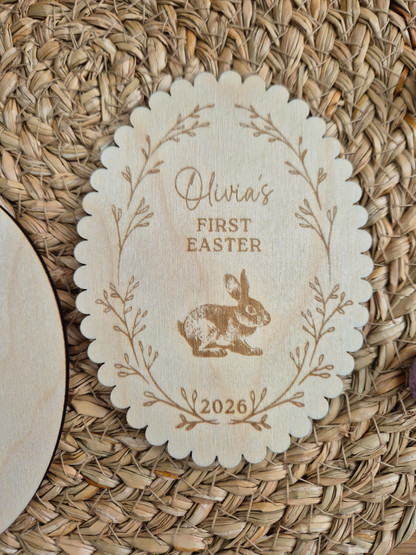 Baby's First Easter Wooden Milestone Keepsake - Personalised Engraved Vintage Rabbit Oval Photo Prop