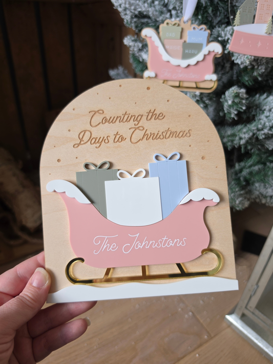 * LIMITED EDITION * Personalised Family Sleigh and Presents Countdown Plaque - Wooden and Acrylic Christmas Decoration