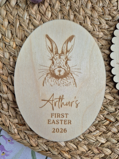 Baby's First Easter Wooden Milestone Keepsake - Personalised Engraved Vintage Rabbit Oval Photo Prop