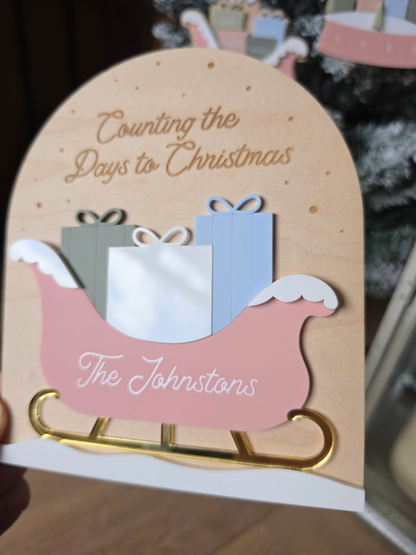 * LIMITED EDITION * Personalised Family Sleigh and Presents Countdown Plaque - Wooden and Acrylic Christmas Decoration