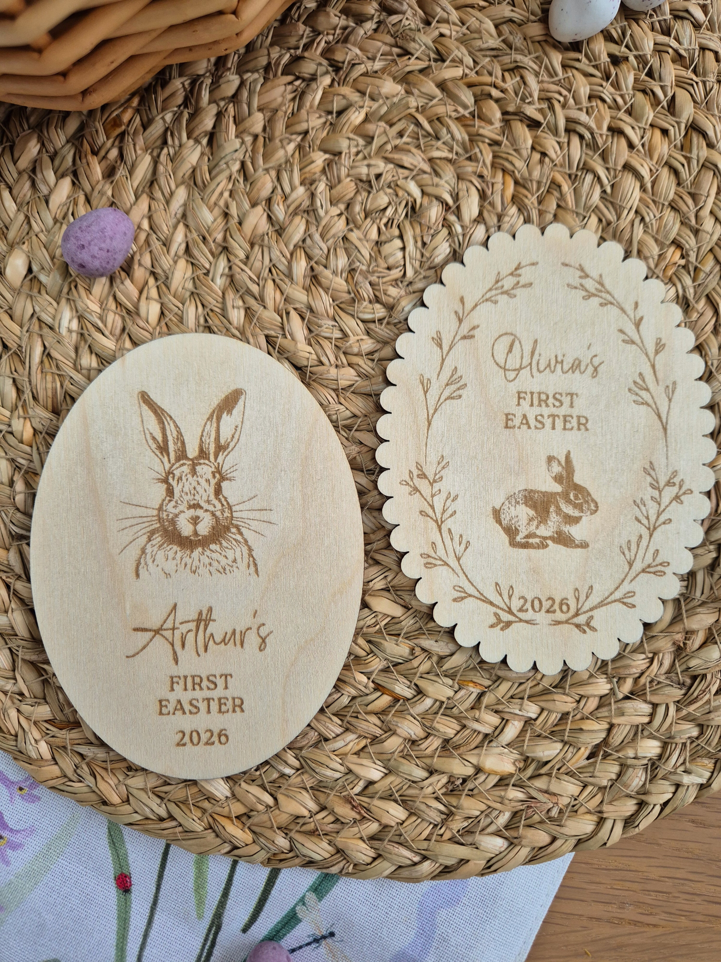 Baby's First Easter Wooden Milestone Keepsake - Personalised Engraved Vintage Rabbit Oval Photo Prop
