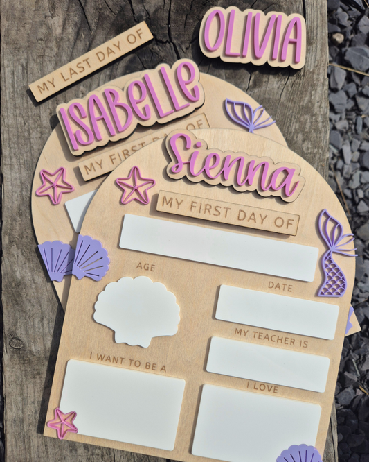Personalised Mermaid Shells Back to School Board - Reusable Wooden and Acrylic Sign