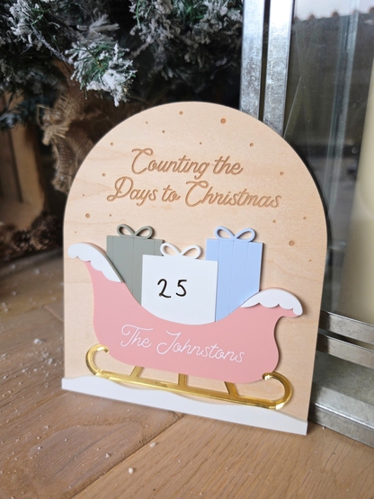 * LIMITED EDITION * Personalised Family Sleigh and Presents Countdown Plaque - Wooden and Acrylic Christmas Decoration