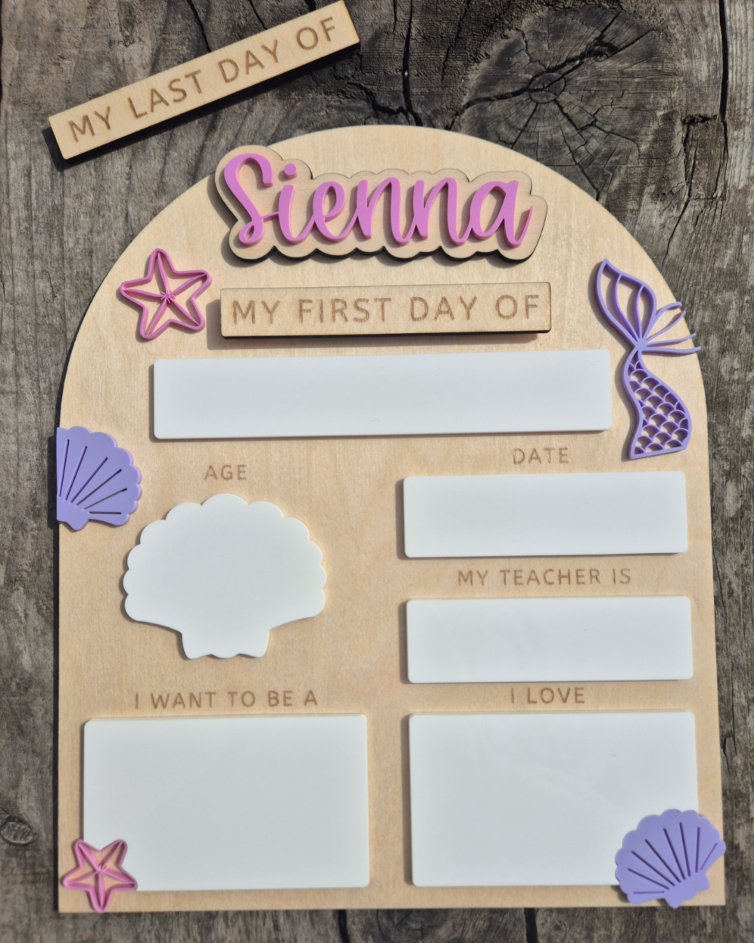 Personalised Mermaid Shells Back to School Board - Reusable Wooden and Acrylic Sign