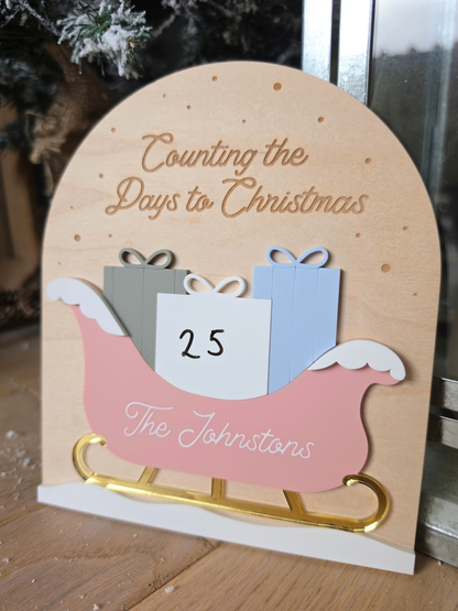 * LIMITED EDITION * Personalised Family Sleigh and Presents Countdown Plaque - Wooden and Acrylic Christmas Decoration