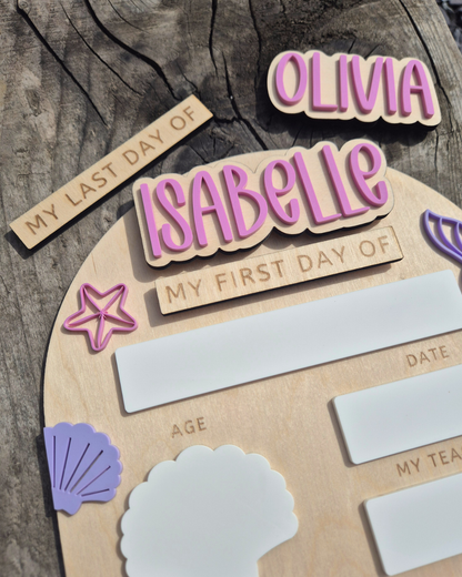 Personalised Mermaid Shells Back to School Board - Reusable Wooden and Acrylic Sign