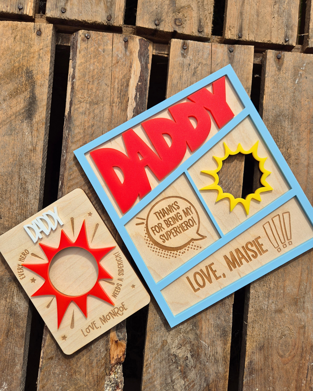 Superhero Comic Theme Photo Frame Card - Wooden and Acrylic Personalised Father's Day Gift