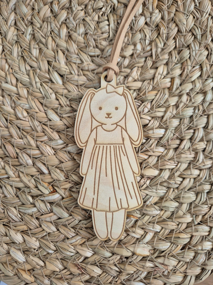 Set of 4 Engraved Bunny Doll Wooden Gift Tags - Easter and Birthday Present Labels