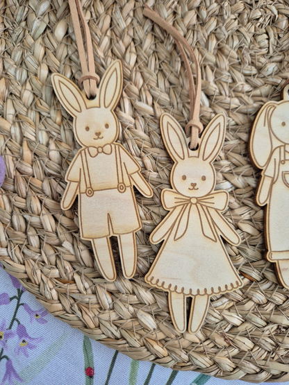 Set of 4 Engraved Bunny Doll Wooden Gift Tags - Easter and Birthday Present Labels