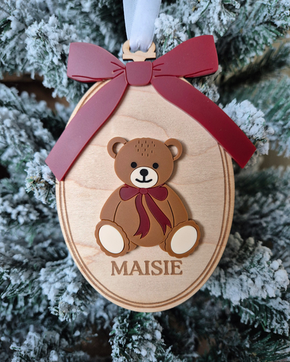 Personalised Vintage Christmas Teddy Bear Hanging Ornament - Acrylic and Maple Decoration