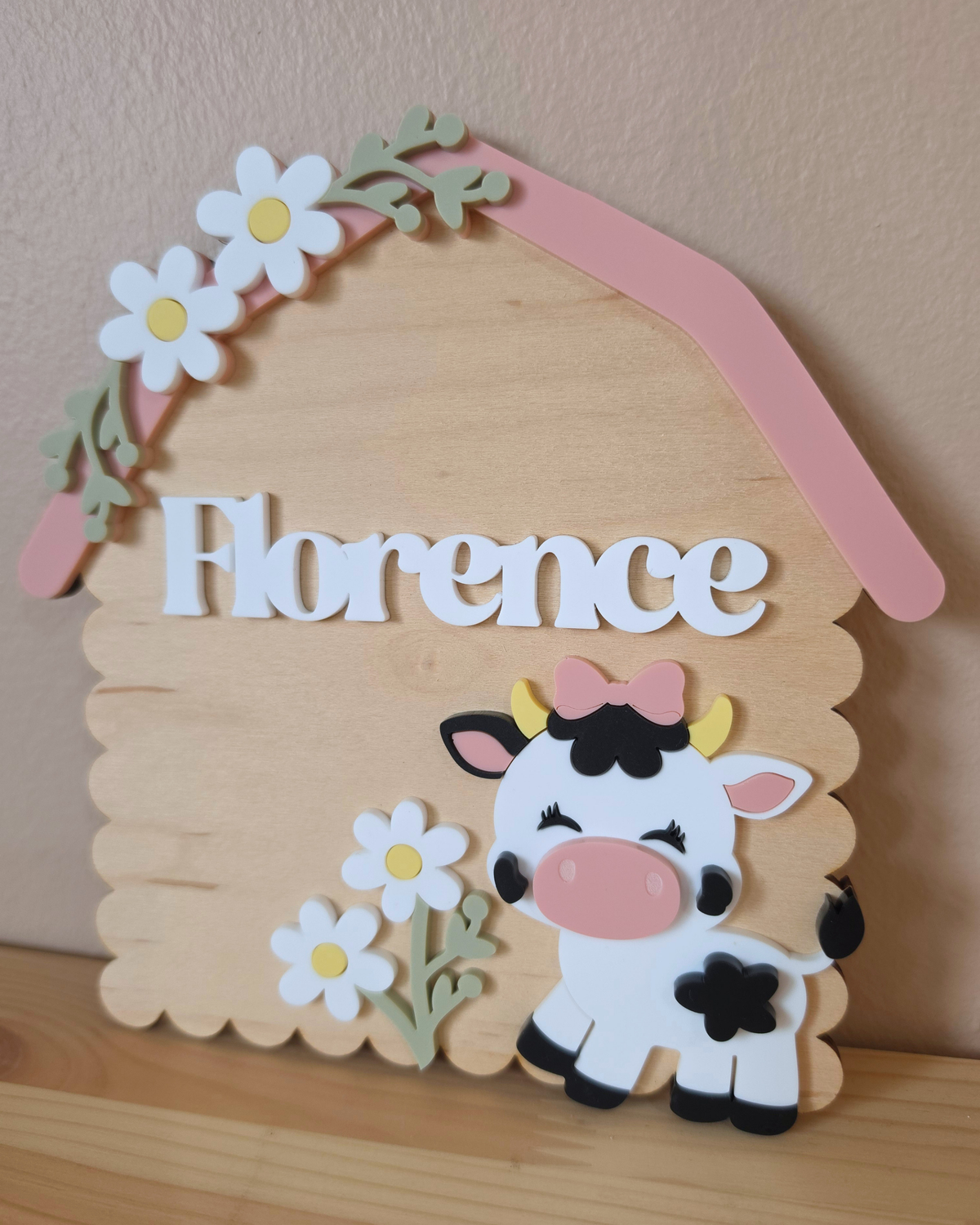 Personalised Cow Barn Name Sign - Farm-themed Nursery and Playroom Shelf Sitter and Door Sign