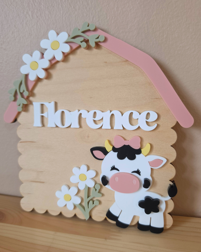 Personalised Cow Barn Name Sign - Farm-themed Nursery and Playroom Shelf Sitter and Door Sign