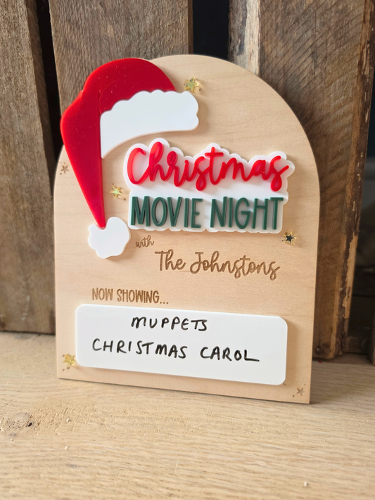 Personalised Christmas Movie Night Sign - Wooden and Acrylic Plaque