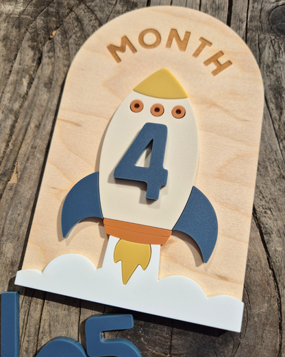 Space Rocket Milestone Plaque - Wooden and Acrylic Baby Photo Prop Sign