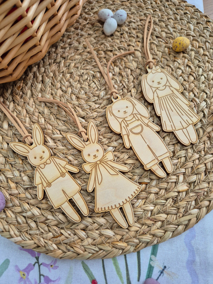 Set of 4 Engraved Bunny Doll Wooden Gift Tags - Easter and Birthday Present Labels