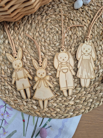 Set of 4 Engraved Bunny Doll Wooden Gift Tags - Easter and Birthday Present Labels