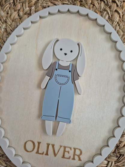 Vintage Casual Bunny Doll Name Sign - Oval Wooden and Acrylic Wall Art