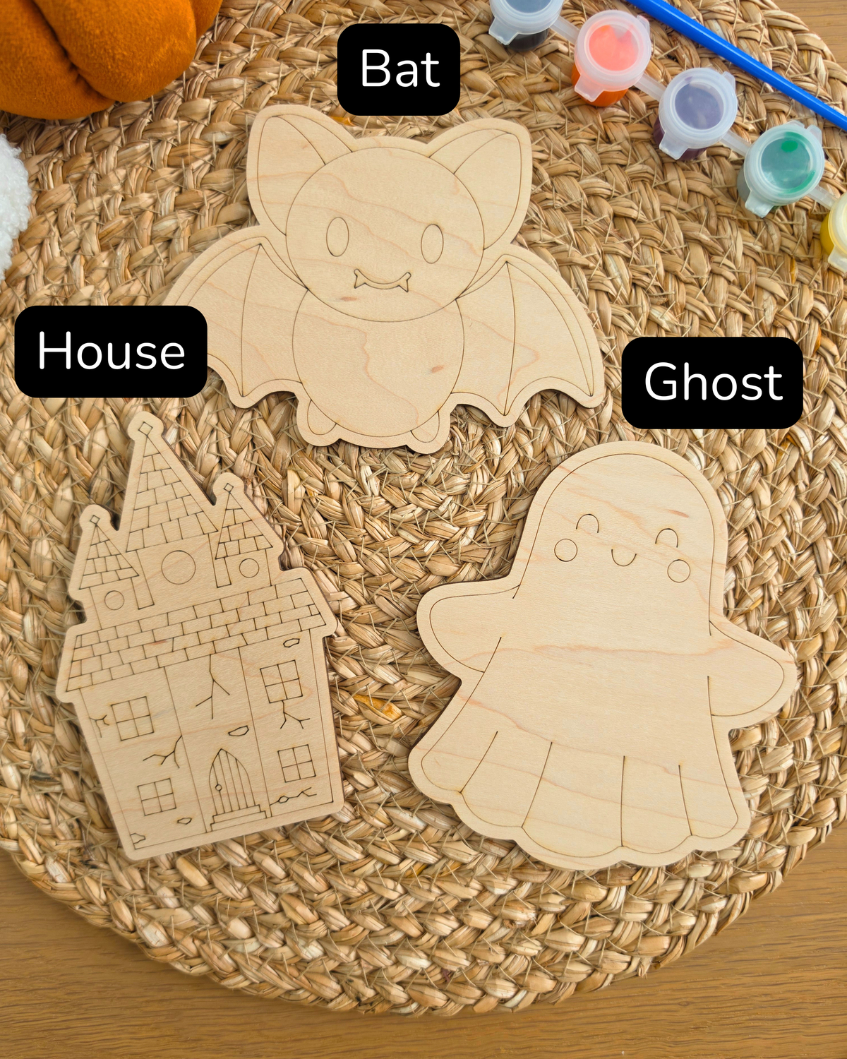 Set of 2 Halloween Wooden Shapes Paint Kit - Boo Basket Filler Gift