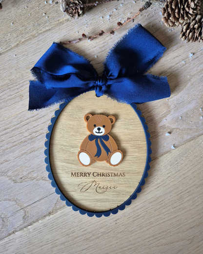 Personalised Baby’s First Christmas Vintage Teddy Bear Plaque - Acrylic and Oak Christmas Ornament