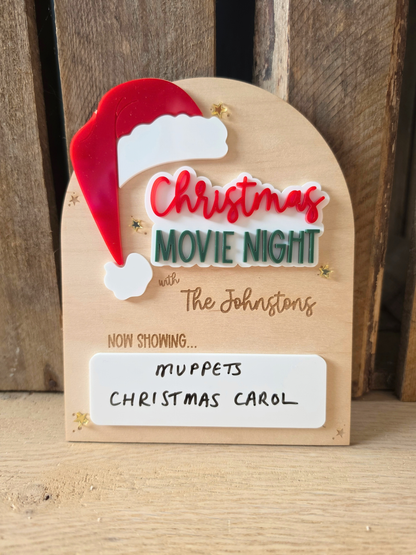 Personalised Christmas Movie Night Sign - Wooden and Acrylic Plaque
