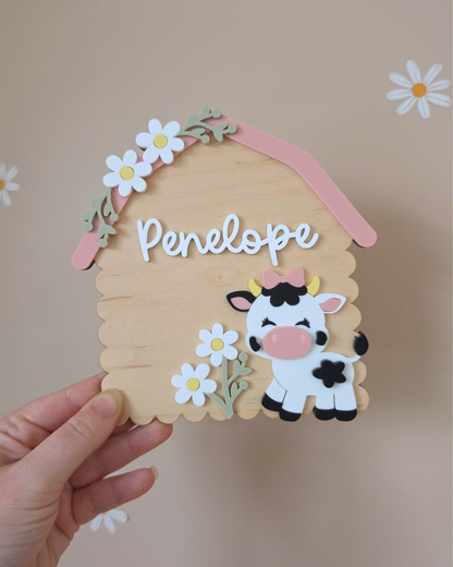 Personalised Cow Barn Name Sign - Farm-themed Nursery and Playroom Shelf Sitter and Door Sign