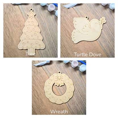 Paint Your Own Christmas Ornament Kit - Kids Painting Kit, Set of 2 Shapes with Paint, Brush and Ribbon