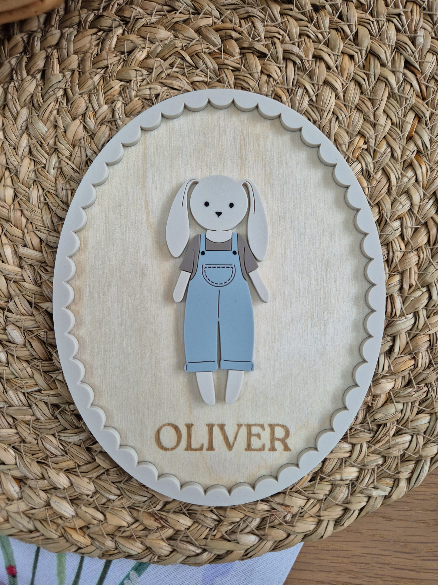 Vintage Casual Bunny Doll Name Sign - Oval Wooden and Acrylic Wall Art