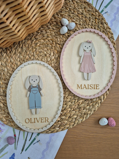 Vintage Casual Bunny Doll Name Sign - Oval Wooden and Acrylic Wall Art