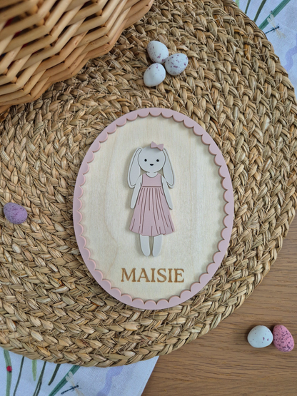 Vintage Casual Bunny Doll Name Sign - Oval Wooden and Acrylic Wall Art