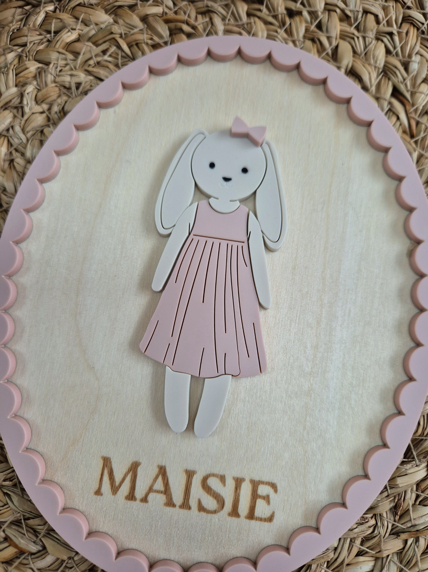 Vintage Casual Bunny Doll Name Sign - Oval Wooden and Acrylic Wall Art