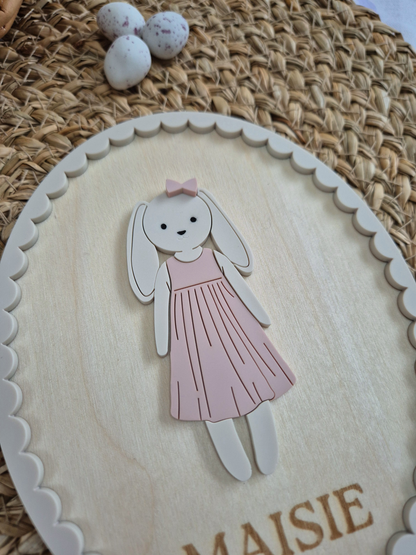 Vintage Casual Bunny Doll Name Sign - Oval Wooden and Acrylic Wall Art