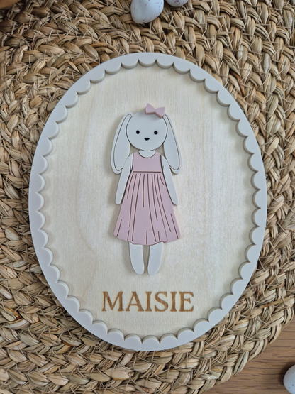 Vintage Casual Bunny Doll Name Sign - Oval Wooden and Acrylic Wall Art