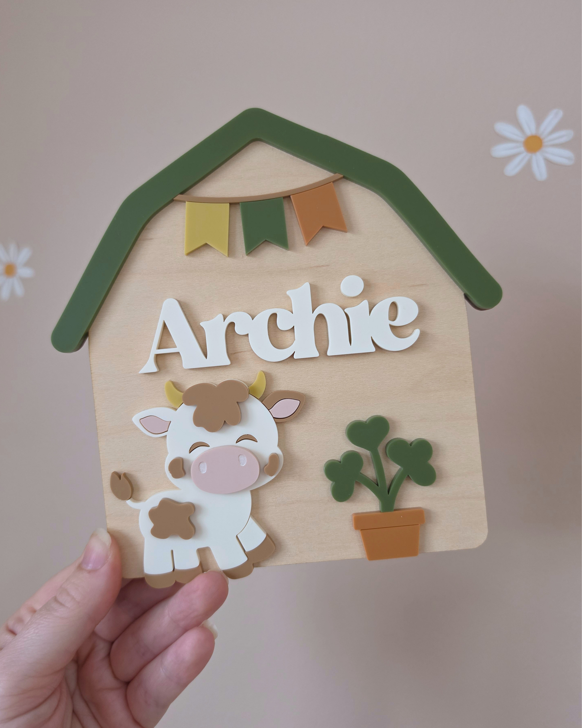 Personalised Cow Barn Name Sign - Farm-themed Nursery and Playroom Shelf Sitter and Door Sign